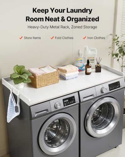 VEVOR Washer Dryer Countertop with 3 Splicing Panels, 54" x 27" Wooden Washer and Dryer Countertop with 2 Hooks, Water-Resistant Laundry Topper for Laundry Room Organization and Storage, White