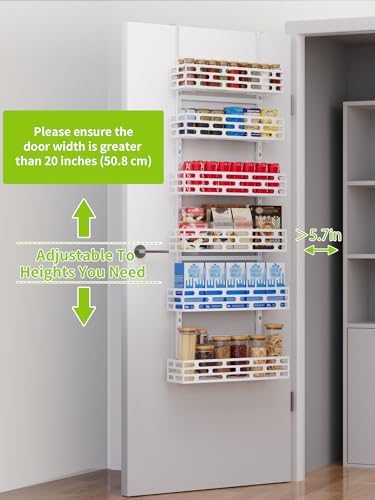 Over the Door Pantry Organizer - 6 Tier Adjustable Pantry Organization and Storage, Hanging Basket Wall Seasoning Shelves, Home & Kitchen Bedroom Bathroom, White