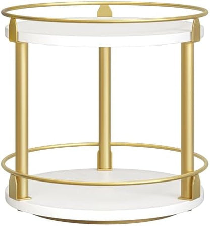 YATINEY Lazy Susan Organizer, Rotating Spice Rack, 2 Tier Spice Turntable Organizer, Industrial Turntable Spice Holder, for Kitchen Countertop and Cabinet, Compact and Versatile, White and Gold SR22DW