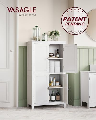 VASAGLE Bathroom Floor Storage Cabinet with 4 Doors, Cloud White