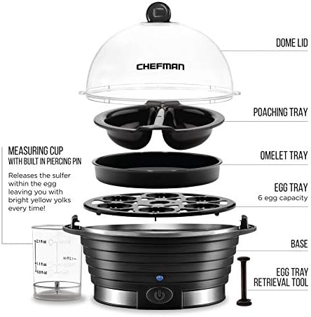 Chefman Egg-Maker Rapid Poacher, Food & Vegetable Steamer, Quickly Makes Up to 6, Hard, Medium or Soft Boiled, Poaching/Omelet Tray Included, Ready Signal, BPA-Free, BLACK