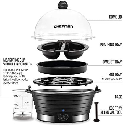 Chefman Egg-Maker Rapid Poacher, Food & Vegetable Steamer, Quickly Makes Up to 6, Hard, Medium or Soft Boiled, Poaching/Omelet Tray Included, Ready Signal, BPA-Free, BLACK