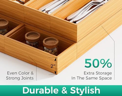 Bamboo Kitchen Drawer Organizer Boxes 12" x 6" Stackable Wooden Organizers