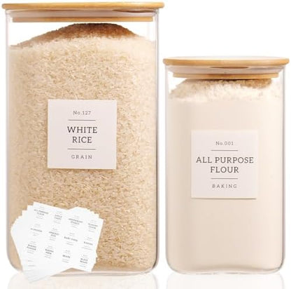 2 Pack large Square Glass Flour and Sugar Containers with 132 Kitchen Pantry Labels - 149 floz & 71 floz - Glass Jars with Airtight Bamboo Lid - Glass Rice Canisters for Coffee, Pasta, Cookie, Cereal