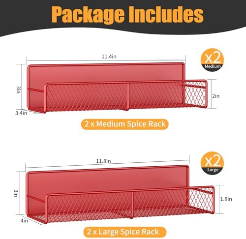 DTUQYX Magnetic Spice Rack for Refrigerator, 4 Pack 100% Metal Strong Magnet Fridge Shelves, Space Saving Spice Organizer, No Drilling Moveable Home Kitchen Laundry Room Storage Organization, Red