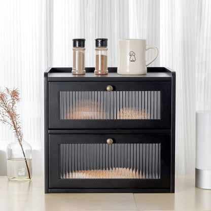 Sunhoo Bread Box for Kitchen Countertop Wooden Bread Storage Container Bin 2 Layer Breadbox Holder Large Capacity Keeper Vintage Farmhouse Food Organizer Pantry Shelf Acrylic Window（Black）