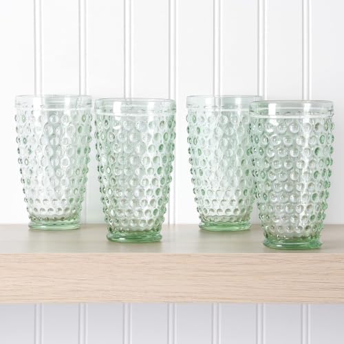 Martha Stewart Chauncey 4-Pack Hobnail Glass Tumblers, 14.3 oz – Handmade Green Drinking Glasses, Vintage Textured Water Cups for Kitchen, Barware, or Entertaining