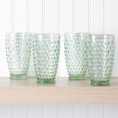 Martha Stewart Chauncey 4-Pack Hobnail Glass Tumblers, 14.3 oz – Handmade Green Drinking Glasses, Vintage Textured Water Cups for Kitchen, Barware, or Entertaining