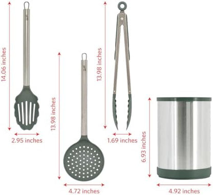 Glad Kitchen Utensils Set, 8pcs - Nonstick Cooking Tools with Stainless Steel Handles & Rotating Utensil Holder - Turners, Ladle, Spoon, Tongs, Spaghetti Server, and Skimmer - Dishwasher Safe, Green