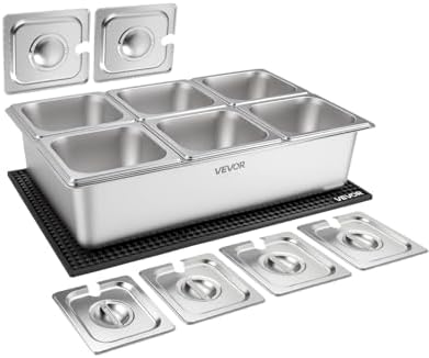 VEVOR Countertop Food Serving Display Container, Stainless Steel Food Salad Server Tray, Buffet Condiment Dispenser, Ice Cooled Rack with Separate Lid, for Restaurant, Hotel, Party (6x1/6 Pan)
