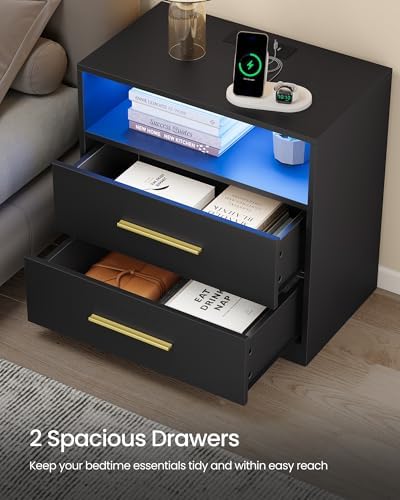 VASAGLE 23.6 Nightstands, LED Lights, Charging Station, 2 Drawers