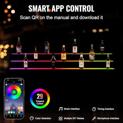 VEVOR LED Lighted Liquor Bottle Display Shelf, 3 Tiers 60 Inches, Supports USB, Illuminated Home Bar Shelf with RF Remote & App Control 7 Static Colors 1-4 H Timing, Acrylic Light Shelf