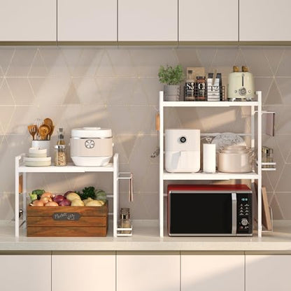 Expandable Microwave Stand Kitchen Countertop Organizer With Storage, White