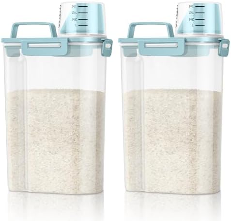 TBMax Rice Container Cereal Storage Container 2 Pack 5 Lbs, Plastic Kitchen Pantry Food Storage Container with Cup, Small Pet Dog Cat Food Dispenser -Blue