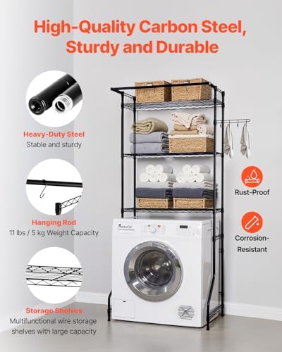 VEVOR Over the Washer and Dryer Storage Shelf, 3 Tier Laundry Room Drying Rack with Hanger Rod and Hooks, Adjustable Over Washer and Dryer Shelves, Laundry Room Shelf Storage Space Saver, Black