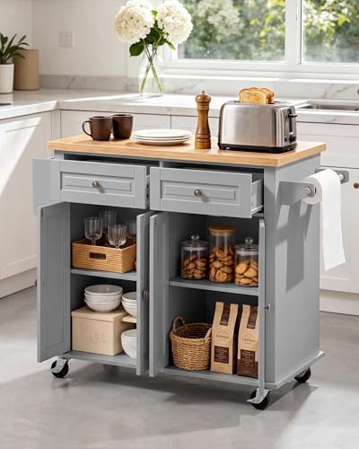VEVOR Kitchen Island Cart with Storage, 43.7 in Wide Mobile Rolling Storage Island on Swivel Wheels, with 2 Drawers, Storage Cabinet, Spice/Towel Rack, Hooks, Table for Home Dining Room, Gray