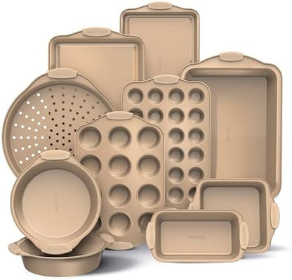 Country Kitchen Nonstick Stackable Bakeware Set - Heavy Duty, Durable, Easy Release Baking Set, Gold, 10 Pcs