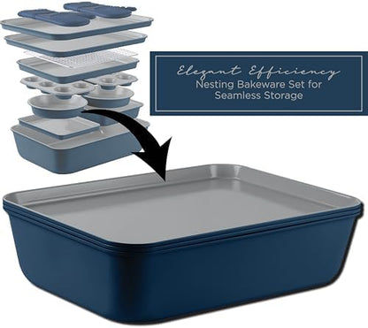 Country Kitchen Nonstick Stackable Bakeware Set - Deluxe Heavy Duty, Durable, Easy Release Baking Set, Denim, 13 Pcs