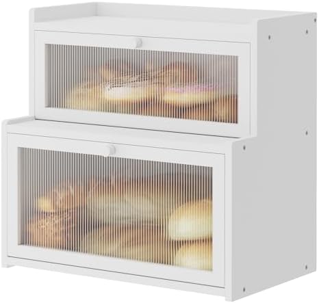 Double Layer Bamboo Bread Box for Kitchen Counter,Bread Holder,Countertop Bread Storage with Window (White)