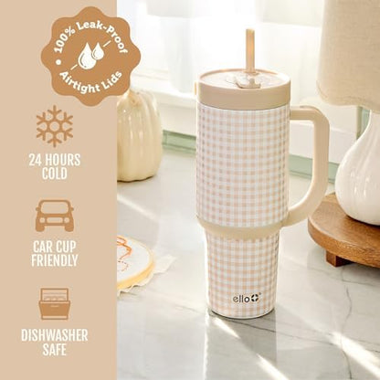 Ello Oasis 40oz Insulated Stainless Steel Tumbler with Straw, Beige Gingham