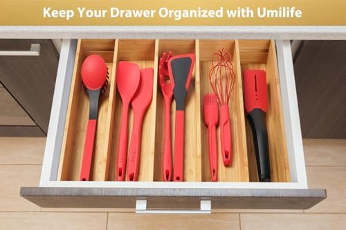 Umilife Expandable Kitchen Drawer Organizer, 2.5" High Bamboo Utensils Silverware Tray, Adjustable Large Deep Wood Organization Holder