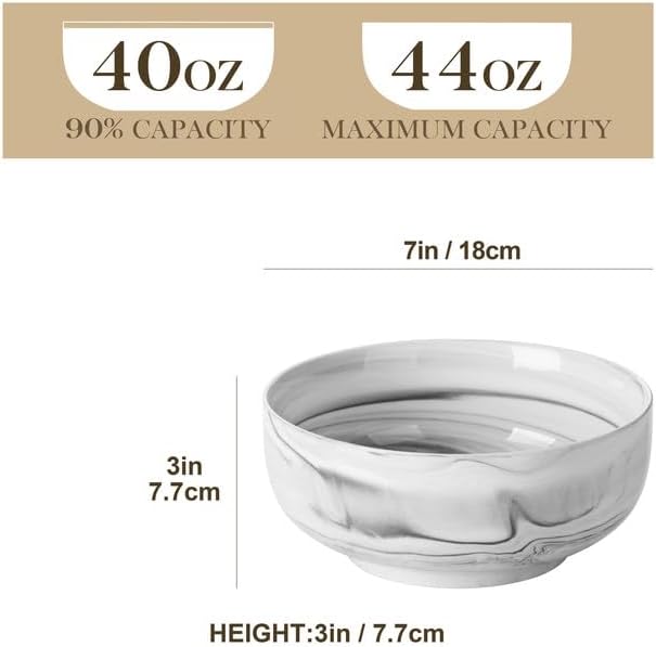 MALACASA Large Marble Grey Ceramic Soup & Salad Bowls Set of 2, 44 OZ (7"), Dishwasher & Microwave Safe, Series REGULAR