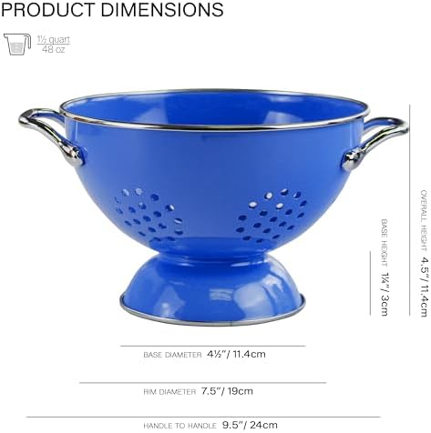 Reston Lloyd, 1.5 Quart Powder Coated Steel Kitchen Strainer Basket for draining Pasta, Vegetable and Fruit, Chrome Handles and Wide Stable Base, Azure