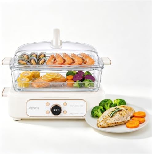 VEVOR Electric Food Steamer 6.3 QT Glass with 2-Tier Stainless Steel Trays, 1200W Vegetable Steamer for Cooking, 1-3 Servings, Pre-Programmed Settings, Delay Start, for Veggies, Seafood & Rice, White
