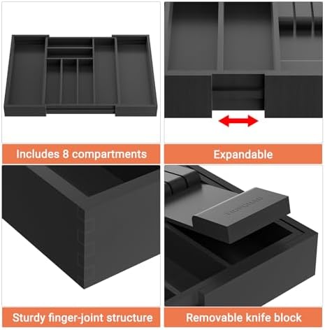 TIOPGHAD Expandable Bamboo Silverware Drawer Organizer Kitchen Tray, Black