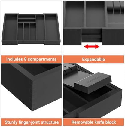 TIOPGHAD Expandable Bamboo Silverware Drawer Organizer Kitchen Tray, Black