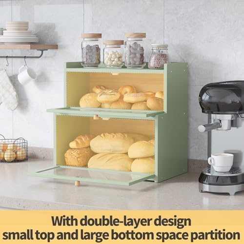 Double Layer Bamboo Bread Box for Kitchen Counter, Countertop Bread Storage Container, Bread Container Bread Storage with Window Bread Holder (Green)