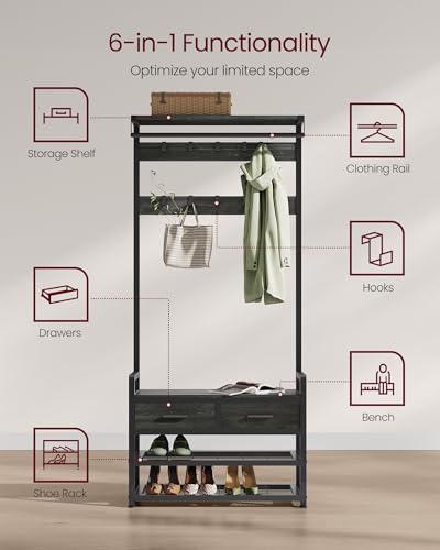 VASAGLE Hall Tree with Bench and Shoe Storage, 2 Fabric Drawers, 10 Hooks