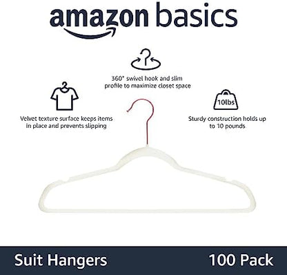 Amazon Basics Slim Velvet Non-Slip Space Saving Suit Clothes Hangers for Closet Organization, Ivory/Rose Gold, 100-Pack