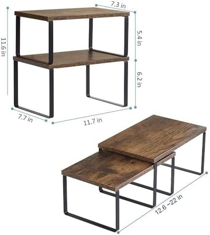 NEX Kitchen Cabinet and Counter Shelf Organizer, Shelf Riser for Pantry Countertop Cupboard Desk Top, Stackable & Expandable, Set of 4, Black and Rustic Brown