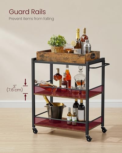VASAGLE Bar Cart with Wheels, Drink Cart with Wine Rack and Glass Holder