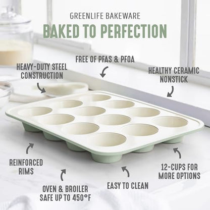 GreenLife 12-Cup Muffin Pan, PFAS-Free Healthy Nonstick Baking Tray, 11.4" x 1.9" x 15.9", Durable Ceramic Bakeware, Cupcakes, Egg Bites, Tarts, Brownies, Sage