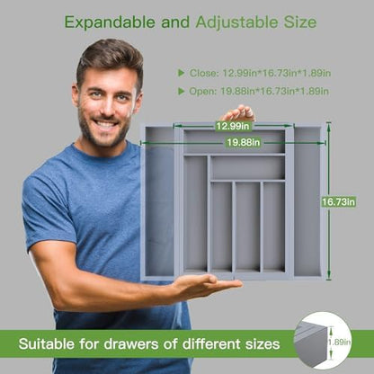 Pipishell Bamboo Expandable Drawer Organizer for Utensils Holder, Adjustable Cutlery Tray, Wood Drawer Dividers Organizer for Silverware, Flatware, Knives in Kitchen, Bedroom, Living Room(Grey)