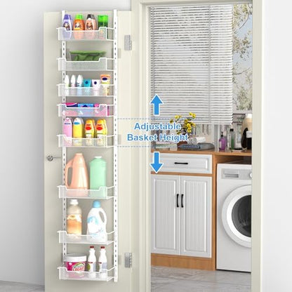 VyGrow 12.3" W Narrow Over the Door Pantry Organizer, 8-Tier Over the Door Organizer with Adjustable Basket, Pantry Door Organization for Pantry Kitchen Storage Room Spice Rack, White