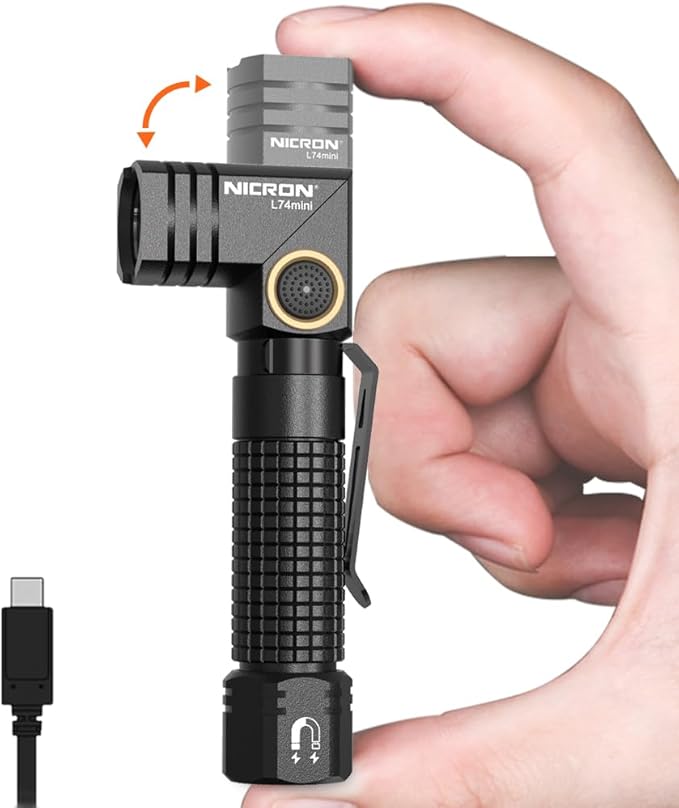 NICRON EDC Flashlights Rechargeable, 90 Degree Flashlight with Magnet 400 High Lumens L74 Mini Flashlight Compatiable with AAA Battery Pocket Penlight for Night Working, Camping, Outdoor, Emergency