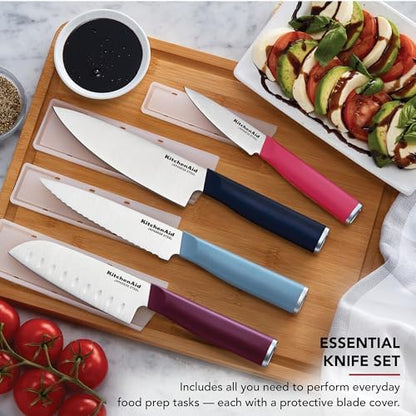 KitchenAid 4-Piece Chef Knife Set with Blade Covers, 6-Inch Chef Knife, 5-Inch Santoku, 5.5-Inch Serrated Utility, 3.5-Inch Paring Japanese Steel, Assorted Colors