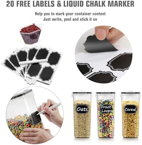 Wildone Cereal Storage Containers Set, Large BPA Free Plastic Airtight Food Storage Containers 4L for Flour, Sugar, 6 Piece Set Cereal Dispensers with 20 Labels & Marker, Black