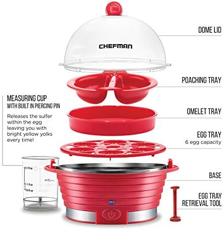 Chefman Electric Egg Cooker Boiler, Rapid Poacher, Food & Vegetable Steamer, Quickly Makes Up To 6, Hard, Medium or Soft Boiled, Poaching/Omelet Tray Included, Ready Signal, BPA-Free, Black