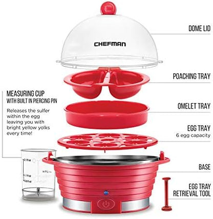 Chefman Electric Egg Cooker Boiler, Rapid Poacher, Food & Vegetable Steamer, Quickly Makes Up To 6, Hard, Medium or Soft Boiled, Poaching/Omelet Tray Included, Ready Signal, BPA-Free, Black