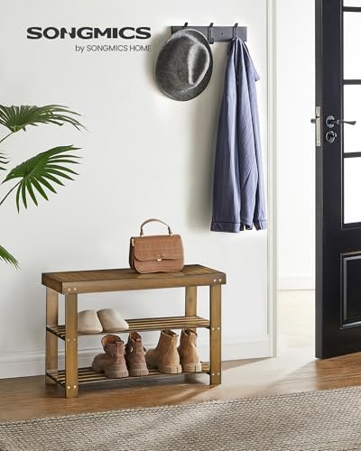 SONGMICS Shoe Rack Bench, 3-Tier Bamboo Entryway Bench, 27.6 Inches Width