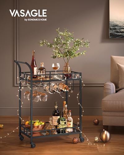 VASAGLE Bar Cart with 2 Mirrored Shelves, Wine Holders, Glass Holders