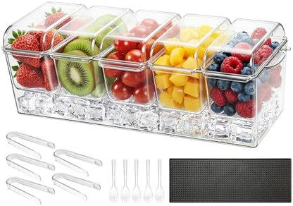 VEVOR Chilled Condiment Server Caddy, 5 Compartment Ice Cooled Serving Container, Plastic Fruit Garnish Tray Platter with Separate Lid, for Taco Salad Bar Accessories, Party Home Restaurant Supplies
