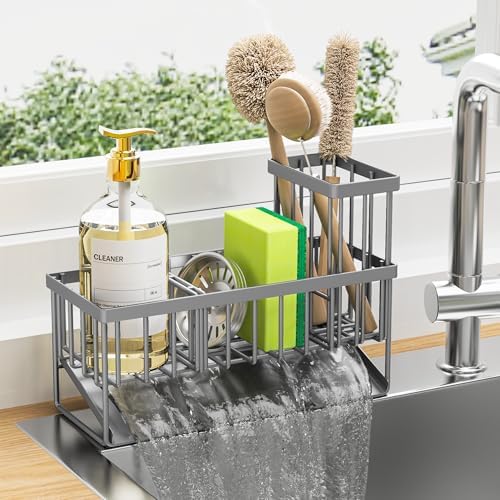 Cisily Sink Caddy Organzier with High Brush Holder, Sponge Holder for Sink, 304 Rustproof Stainless, Kitchen Countertop Soap Dispenser Organizer, Gray Kitchen Decor and Accessories