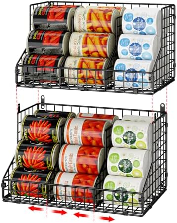 JKsmart 2 Pack Stackable Can Rack Organizer for Pantry Storage,Can Dispensers with 4 Adjustable Dividers, 2-Tier Metal Wire Basket Beverage Pop Soda Rack for Kitchen Cabinet Pantry, Black