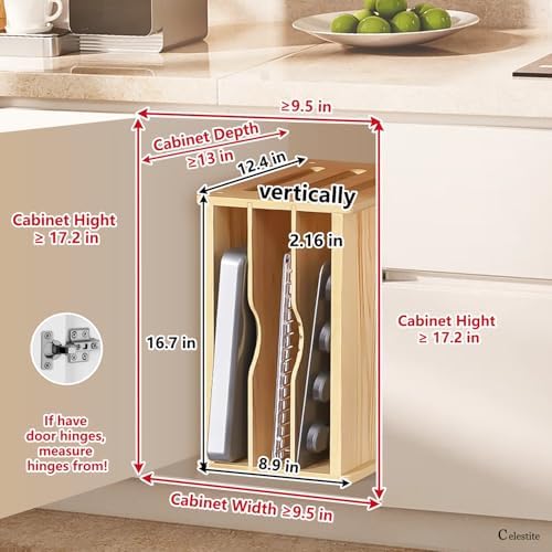 Celestite Wooden Baking Sheet Organizer for Cabinet, Baking Tray Organizer, Cookie Sheet Organizer for Cabinet Kitchen Storage Organization Accessories