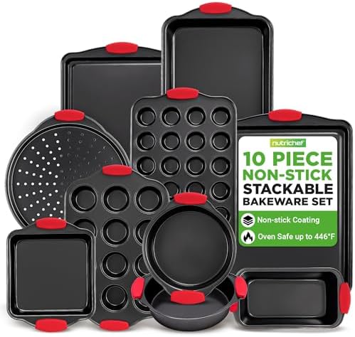 NutriChef 10-Piece Nonstick Kitchen Oven Baking Pans - Premium & Stylish Non-Stick Carbon Steel - Commercial Grade Restaurant Quality Metal Bakeware with Silicone Handles - Easy to Clean, NCSBS10S